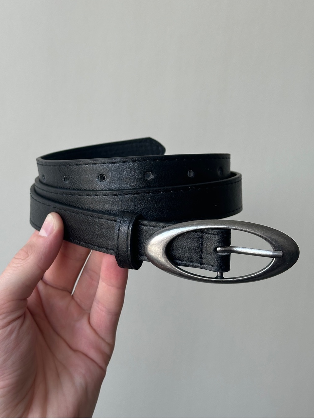 Classic Black Leather Belt with Oval Silver Buckle